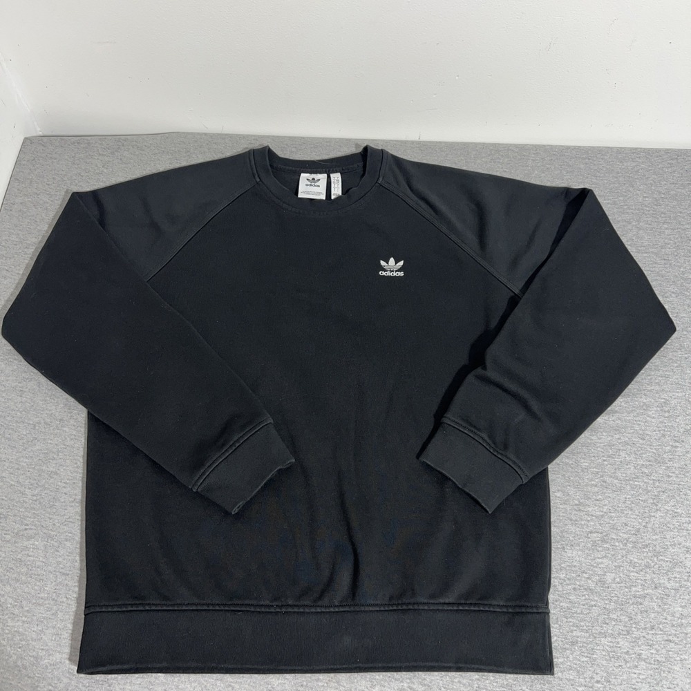 Adidas Embroidered Sweatshirt Mens Large Black White Trifoil IY4932 Crew Neck